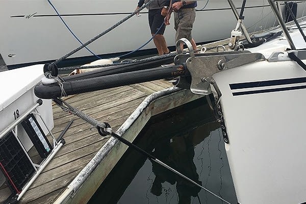Trogear Adjustable Bowsprit Exploded fitted with Bow Roller Brackets on a Fast 42 (sideview)